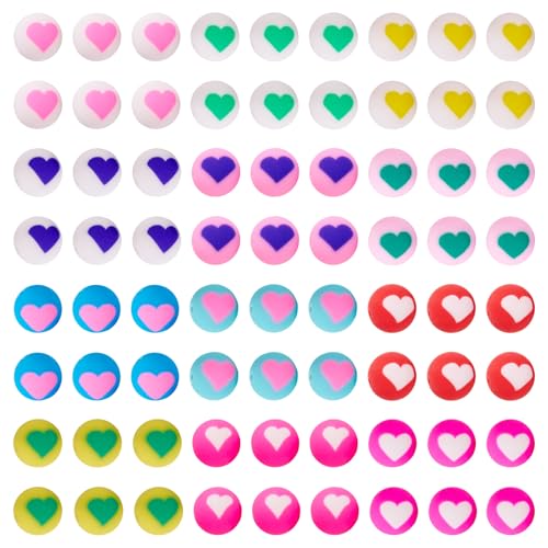 Cheriswelry 100 Stück handgefertigte Perlen aus Modelliermasse, runde Kugeln, 10 mm, Herz, bedruckt, lose Abstandshalter, bunte weiche Gummiperlen für Armbänder, Ohrringe, Halsketten von Cheriswelry
