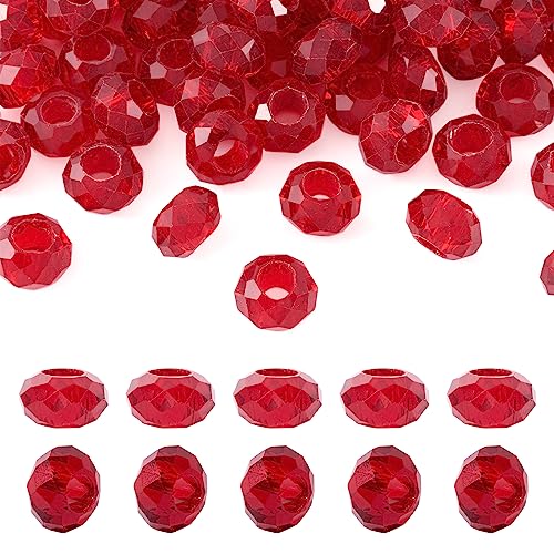 Cheriswelry 100 Stück rote facettierte Glasperlen Rondelle Großloch Perlen Kristall lose Abstandshalter Perlen ohne Metallkern Slide Charms 14 x 8 mm für DIY Armband Handwerk Schmuckherstellung von Cheriswelry