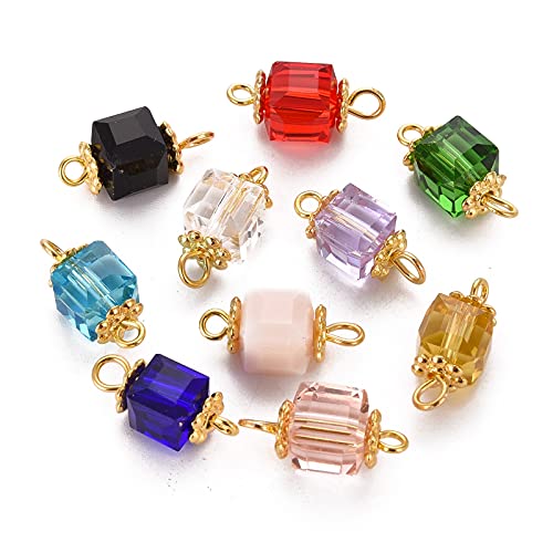 Cheriswelry 100 Stück würfelförmige Glasperlen-Charms, blickdicht, transparent, kubische Glasperlen, 6 mm, Verbindungsstücke, goldfarben, für Schmuckherstellung von Cheriswelry