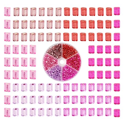Cheriswelry 1260 Stück rosa Glas-Rocailles, 3 mm, kleine Armbandperlen, winzige, quadratische Würfel, lose Abstandshalter, silberfarbene Linien, blau-grüne Rocailles-Perlen für Bastelarbeiten von Cheriswelry