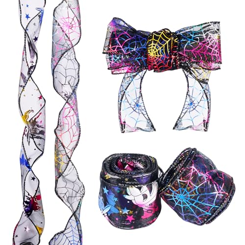 Cheriswelry 2 Rollen Halloween-Bänder mit Drahtrand, Halloween-Spinnennetz-Muster, Chiffonbänder für Heimdekoration, Kostüm, Zubehör, Geschenkverpackung, Verpackung von Cheriswelry