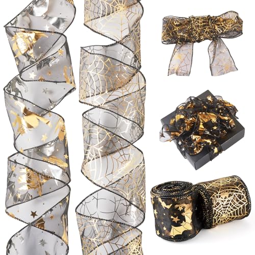 Cheriswelry 2 Rollen Halloween-Themen-Chiffon-Bänder, Halloween-Fledermaus-Muster, dekoratives Polyesterband für Bastelarbeiten, Kranz, Geschenk, Dekoration von Cheriswelry