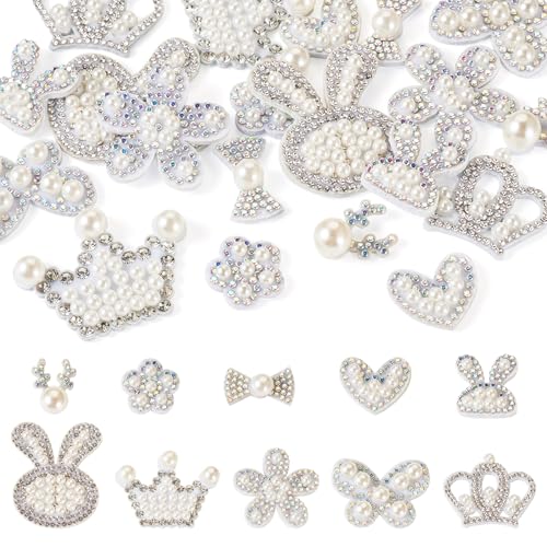 Cheriswelry 20 Stück Strass-Stoffaufnäher zum Aufbügeln / Aufnähen, weiß, computergesteuerte Stickerei-Flicken mit Hase, Schleife, Blume, Schmetterling, Herz, Kristall-Applikationen, 14–41,5 mm, für von Cheriswelry