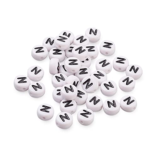 Cheriswelry 200 Stück Acryl Alphabet Buchstabe N Perlen 7 mm flach rund weiße Münze Spacer Perlen Charms für Nachrichten, Armband, Halskette, Schmuckherstellung von Cheriswelry