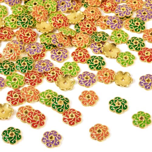 Cheriswelry 200 Stück Blumen-Perlenkappen aus Metalllegierung, Emaille, Blumen-Perlenkappen, vergoldet, 8 x 8,5 mm, für DIY-Armbänder, Halsketten, Ohrringe von Cheriswelry