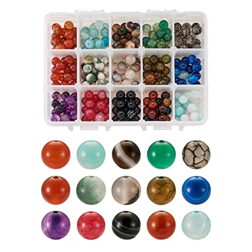 Cheriswelry 225 Stück natürliche Achat-Perlen, 15 Stile, runde Kugeln, Edelstein, lose Perlen für DIY-Schmuck, Halsketten, Armbänder, Ohrringe (8 mm) von Cheriswelry