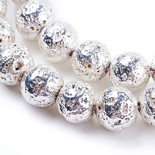 Cheriswelry 5 Stränge galvanisierte Lava-Perlen, runde Vulkanstein-Perlen, 10 mm, lose Abstandshalter für die Schmuckherstellung, Silber von Cheriswelry