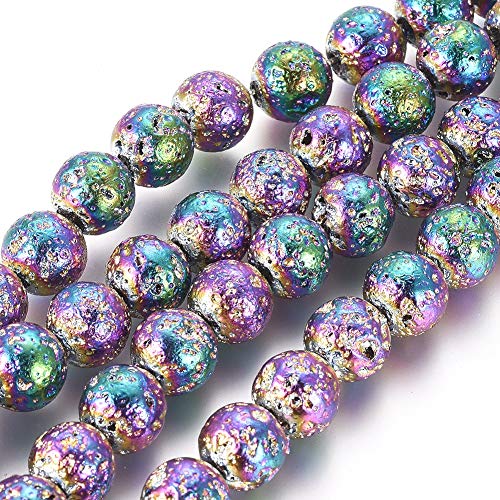 Cheriswelry 5 Stränge natürliche Lava-Perlen, galvanisiert, runde Edelstein-Perlen, 10 mm, Charka-Abstandshalter-Perle für die Schmuckherstellung, regenbogenfarben beschichtet von Cheriswelry