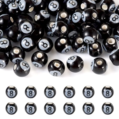 Cheriswelry Billardperlen mit der Zahl 8, handgefertigt, Porzellanperlen, runde Zahlenperlen, großes Loch, Perlen für Armband, Halskette, Schmuckherstellung, Schwarz, Nummer 8, 50 Stück von Cheriswelry