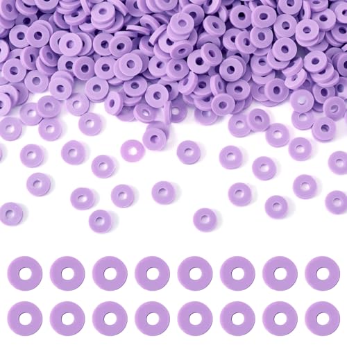 Cheriswelry 6 mm flache runde Modelliermassen-Perlen, Sommer, handgefertigt, Scheibenscheibe, Heishi-Perlen, Großpackung für DIY-Schmuckherstellung, Freundschaftsarmband, Basteln, Partyzubehör, Lila von Cheriswelry
