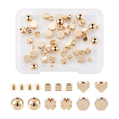 Cheriswelry 60 Stück echte 18 Karat vergoldete Perlen Messing runde Säule Herz Kleeblatt Hexagon Cube Abstandshalter Charms für Schmuck, Armbänder, Ohrringe, Loch: 1 ~ 2 mm von Cheriswelry