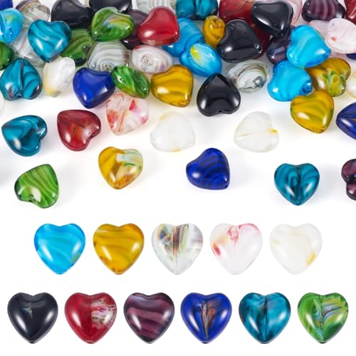 Cheriswelry 66 Stück 12 mm 3D-Glasperlen in Herzform, 11 Farben, Millefiori Love gemustert, bunt, lose Abstandshalter, Perlen für Schmuckherstellung, Armband, Basteln von Cheriswelry