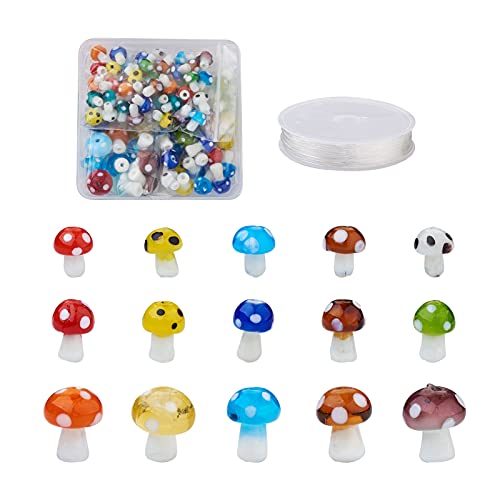 Cheriswelry 84 Stück Pilz-Lampwork-Glasperlen mit elastischem Faden, bunte Muranoglas-Abstandhalter, baumelnde Perlen für Schmuckherstellung von Cheriswelry