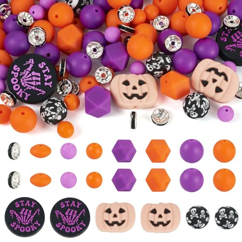 Cheriswelry 92 Stück Halloween-Silikon-Fokal-Perlen, Strass, Orange, Lila, Kaugummi-Perlen für Schmuckherstellung, Armband, Perlen, Stifte, DIY, Schlüsselanhänger von Cheriswelry