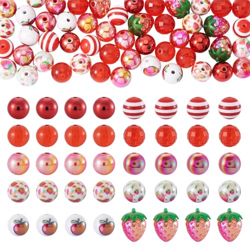 Cheriswelry Acryl-Perlen-Set, rund, klobig, Kaugummi-Perlen, Erdbeere, Apfel, Kunststoff, lose Abstandshalter, Perlen für DIY-Stifte, Armbänder, Halsketten, Schlüsselanhänger, Schmuckherstellung, Rot von Cheriswelry