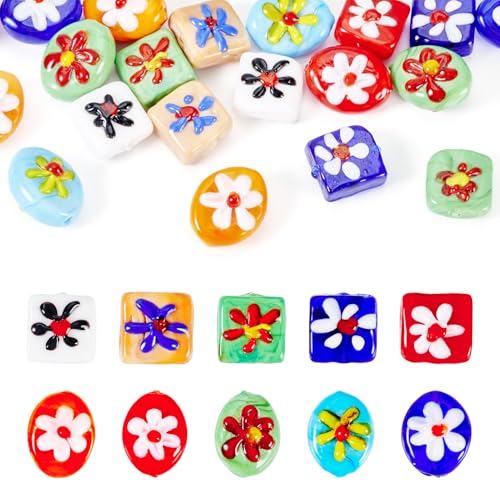 Cheriswelry Glasperlen, oval, quadratisch, lose Abstandshalter, bunt, Blumendruck, 15–20 mm, für Halsketten, Armbänder, Ohrringe, Schmuckherstellung, 20 Stück von Cheriswelry
