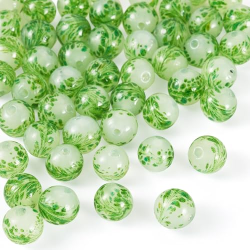 Cheriswelry Glasperlen für Schmuckherstellung, Ohrringe, Armbänder, Halsketten, 10 mm, Blumenmuster, Grün, 50 Stück von Cheriswelry