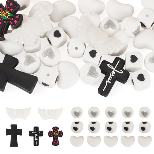 Cheriswelry Religions-Silikonperlen für Bastelarbeiten, Glaube, Gott, Winkel, Flügel, Kreuz, rund, Würfel, Herz, Brennperlen, 12–35 mm, für Schlüsselanhänger, Stifte, Armbänder, Schmuckherstellung, 36 von Cheriswelry