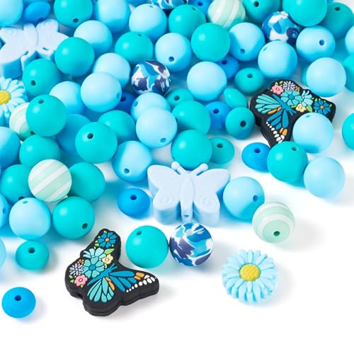 Cheriswelry Silikon-Perlen in Schmetterlingsform, 3D-Blume, 15 mm, Rose, Gänseblümchen, runde Kugel, Gummi-Abstandshalter, Großpackung für selbstgemachte Schmuckherstellung, Blau, 96 Stück Cheriswelry Silikon-Perlen in Schmetterlingsform, 3D-Blume, 15 mm, Rose, Gänseblümchen, runde Kugel, Gummi-Abstandshalter, Großpackung für selbstgemachte Schmuckherstellung, Blau, 96 Stück von Cheriswelry