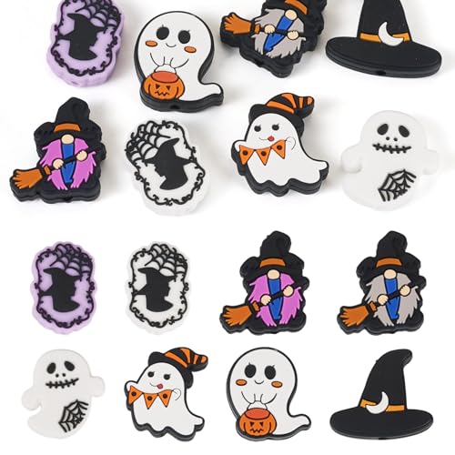 Cheriswelry Silikonperlen mit Halloween-Thema, Hexe, Geist, Hexenhut, Silikonperlen für Schmuckherstellung, Halskette, Armband, Bastelprojekt, Schlüsselanhänger, Partygeschenk, 8 Stück von Cheriswelry