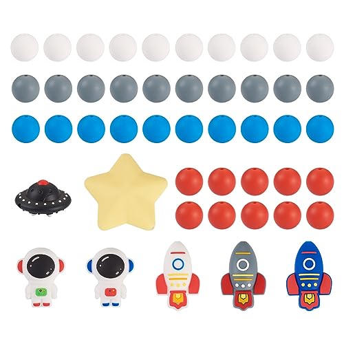 Cheriswelry Silikonperlen mit Weltraum-Motiv, 3D-Astronauten-Silikonperlen, 15 mm, runde Gummiperlen für selbstgemachte Halsketten, 48 Stück von Cheriswelry