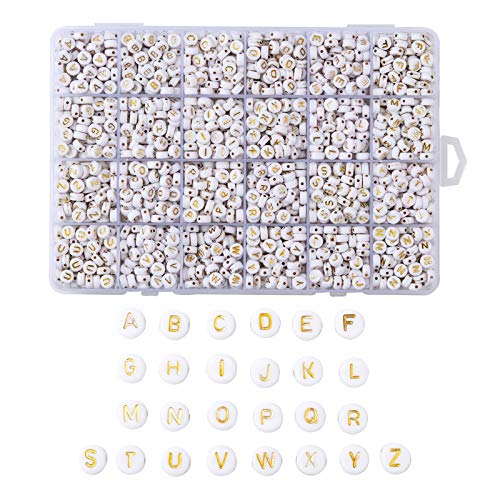 Cheriswelry Weiße Acryl-Alphabet-Perlen, 7 mm, flache runde Scheibe, Gold, A-Z, Buchstaben-Abstandhalter, Perlen für Schmuckherstellung, ca. 1898 Stück/Box von Cheriswelry
