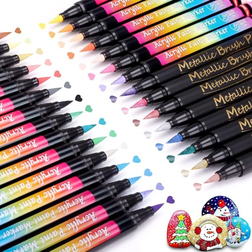 Chevnzev 30 Farbe Acrylmarker Pinsel Schnelltrocknen Für Malerei Auf Papierstein Holzglas Gestein Leinwand Stoff Handwerk von Chevnzev