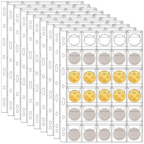 10er-Pack PVC-Münzsammelseiten, 30 Blatt für Münzbinder, passend für 9-Loch-Ordner, Staub- und Feuchtigkeitsschutz von Chewtoyo