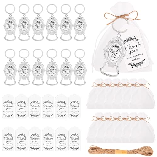Chewtoyo 12 x Schlüsselanhängeröffner aus silberfarbener Zinklegierung, verpackt mit Organza-Beuteln und Dankesanhängern, perfekt für Hochzeiten, Taufen und andere Feiern von Chewtoyo