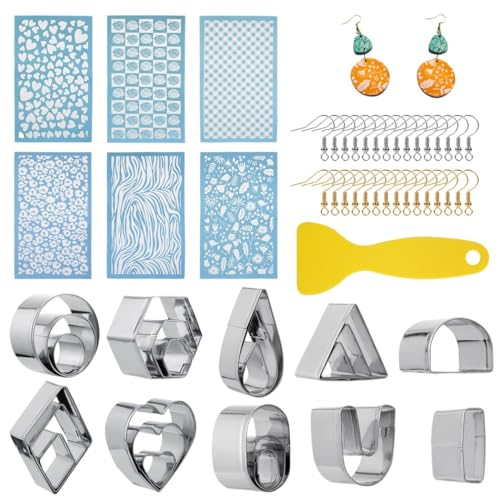Polymer-Ton-Werkzeug-Set, 6 Siebdruck-Schablonen, 24 Ausstechformen, 30 Ohrringhaken und Schaber für Ohrringschmuck von Chewtoyo