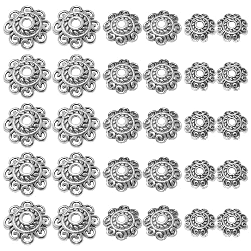 Tibetische Blumen-Perlenkappen aus Legierung, 300 Stück, Antik-Silber, Abstandhalter-Perlen-Set, 3 vielseitige Größen für DIY-Schmuck, ideal für Halsketten, Armbänder, Ohrringe von Chewtoyo
