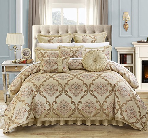 Chic Home 9 Stück Aubrey Decorator Hochwertiger Jacquard Scroll Möbelstoff, Schlafzimmer Tröster Set & Kissen Ensemble, Queen, beige von Chic Home