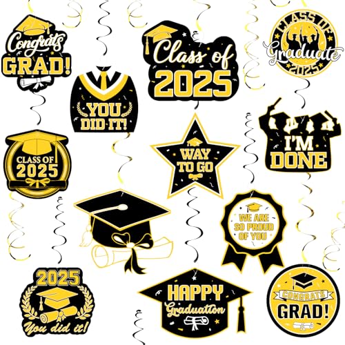 Abschluss-Party-Dekorationen, Schwarz-Gold, Abschlussdekorationen, Klasse 2025, 12 Stück, hängende Wirbel-Dekorationen mit Folien-Wand-Deckenschlangen für Abschlussfeier Abschluss-Party-Dekorationen, Schwarz-Gold, Abschlussdekorationen, Klasse 2025, 12 Stück, hängende Wirbel-Dekorationen mit Folien-Wand-Deckenschlangen für Abschlussfeier von ChicQuench