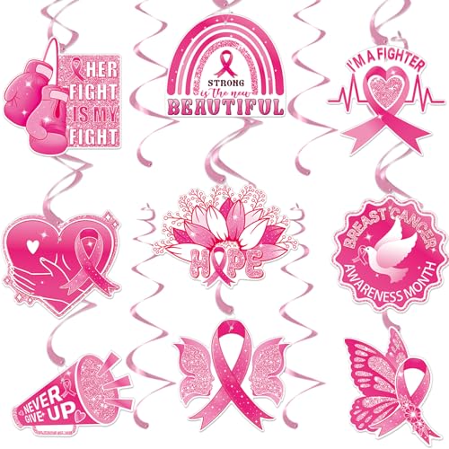 Brustkrebs-Bewusstseinsdekorationen, 18 Stück, hängende Wirbel-Dekorationen mit Folien-Deckenschlangen, rosa Band, dekorative hängende Ornamente für Brustkrebs, Partyzubehör von ChicQuench