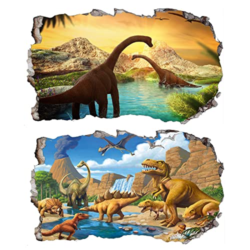 2Pcs Dinosaurier Dino Urzeit T-rex Wandtattoo 3D Effekt XXL Wanddurchbruch Fenster Wandaufkleber für Kinderzimmer Jungenzimmer Größe 1000 mm breit x 580 mm tief (groß) von Chicbanners