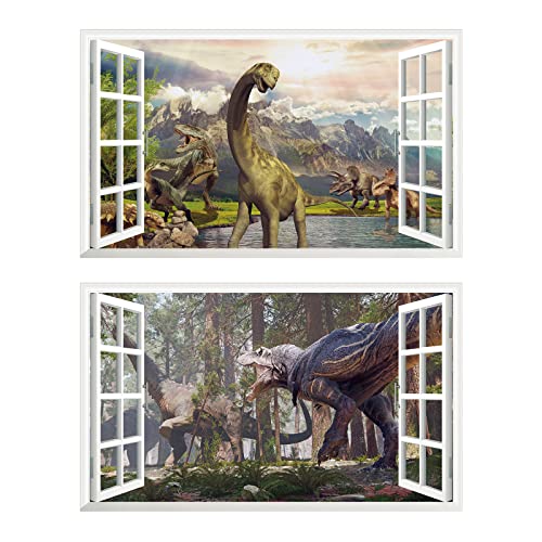 2Pcs Dinosaurier Dino Urzeit T-rex Wandtattoo 3D Effekt XXL Wanddurchbruch Fenster Wandaufkleber für Kinderzimmer Jungenzimmer Groß 1000mmx600mm von Chicbanners