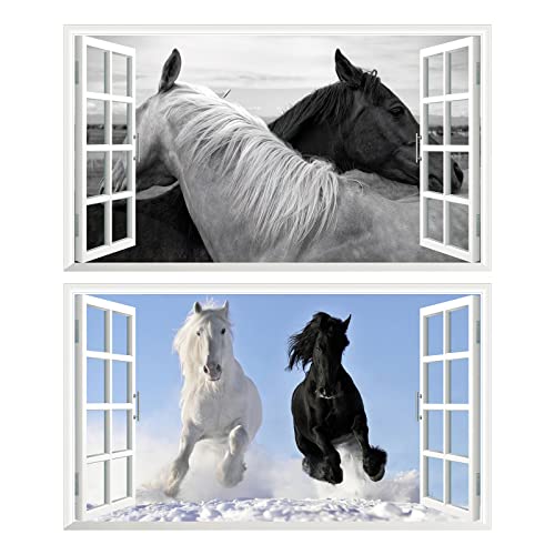 2Pcs Pferd Horse Schwarz Weiss Wandtattoo 3D Effekt XXL Wanddurchbruch Fenster Wandaufkleber für Junge Mädchen Kinderzimmer Groß 1000mmx600mm V01 von Chicbanners
