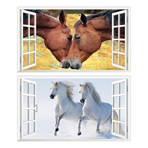 2Pcs Pferd Horse Weiss Wandtattoo 3D Effekt XXL Wanddurchbruch Fenster Wandaufkleber für Junge Mädchen Kinderzimmer Groß 1000mmx600mm von Chicbanners