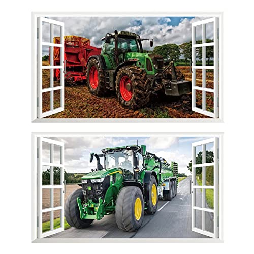 2Pcs Wandtattoo Traktor Trecker 3D Effekt XXL Farm Feld Landwirtschaft Wandaufkleber Fenster Selbstklebend für Junge Kinderzimmer Groß 1000mmx600mm von Chicbanners