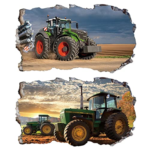 2Pcs Wandtattoo Traktor Trecker 3D Effekt XXL Farm Feld Landwirtschaft Wandaufkleber Fenster Selbstklebend für Junge Kinderzimmer Groß 1000mmx600mm von Chicbanners