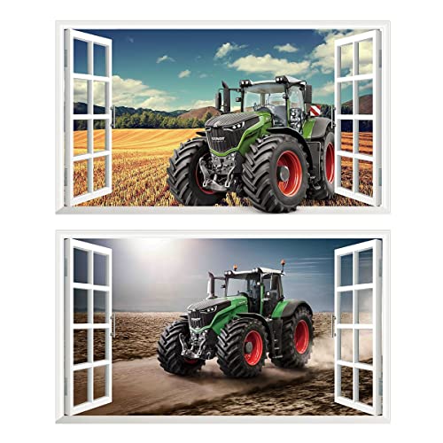 2Pcs Wandtattoo Traktor Trecker 3D Effekt XXL Wandaufkleber Fenster Selbstklebend für Junge Kinderzimmer Groß 1000mmx600mm von Chicbanners