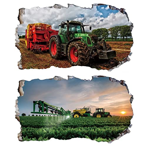 2Pcs Wandtattoo Traktor Trecker 3D Effekt XXL Farm Feld Landwirtschaft Wandaufkleber Fenster Selbstklebend für Junge Kinderzimmer Groß 1000mmx600mm v13 von Chicbanners