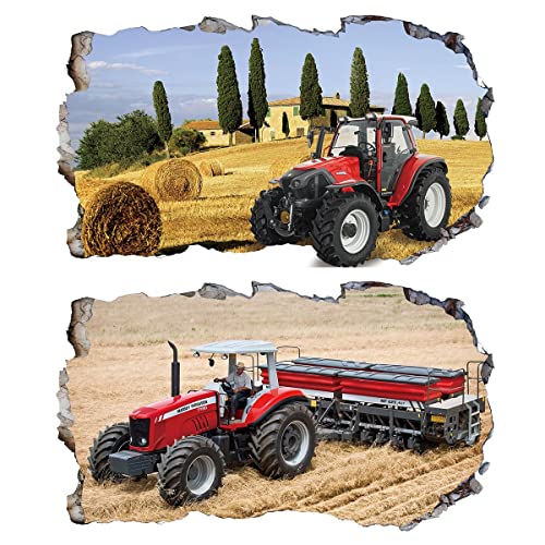 2Pcs Wandtattoo Traktor Trecker Rot Mähdrescher 3D Effekt XXL Farm Feld Landwirtschaft Wandaufkleber Fenster Selbstklebend für Junge Kinderzimmer Groß 1000mmx600mm von Chicbanners