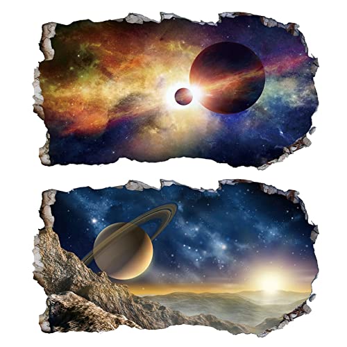 2Pcs Weltraum Erde Planeten Space Wandtattoo 3D Effekt V04 XXL Wanddurchbruch Fenster Wandaufkleber Universum Sterne für Kinderzimmer Jungenzimmer mädchenzimmer Groß 1000mmx580mm von Chicbanners