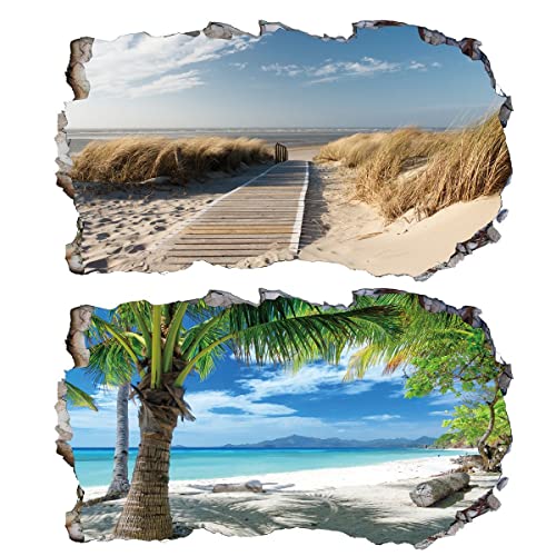 Chicbanners 2Pcs Wandtattoo Meer Strand Beach Natur Landschaft 3D Effekt XXL Wandaufkleber Fenster Selbstklebend Wandsticker für Junge Mädchen Kinderzimmer Groß 1000mmx600mm von Chicbanners