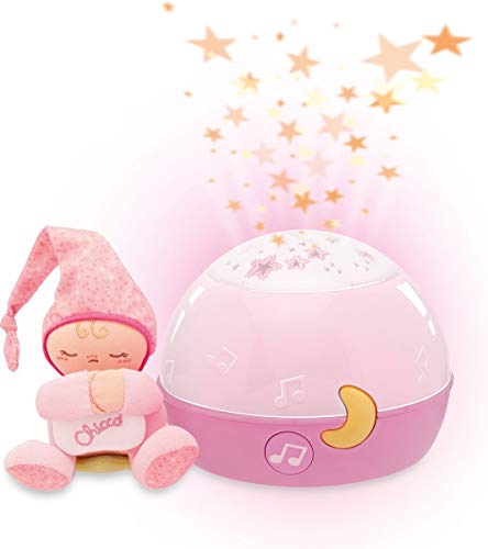 Chicco Goodnight Stars Pink Baby Nachtlicht Projektor, mehrfarbiges Baby Nachtlicht und Sternenprojektor, Baby Spieluhr mit Entspannungsmusik, herausnehmbares Plüschtier - Baby Spielzeug ab 0 Monate von Chicco