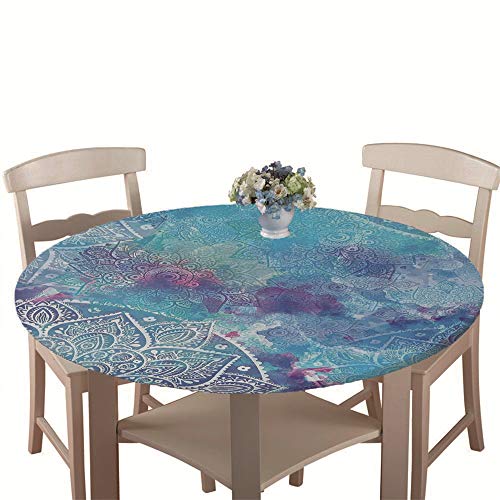 Chickw1 Runde Tischdecke Wasserdicht Antifouling mit Elastische Kante, Exotische Mandala Blume Druck Tischschoner, Tischtuch aus Polyester für Küche, Esszimmer, Garten (Blau,Durchmesser 100cm) von Chickwin-Shop