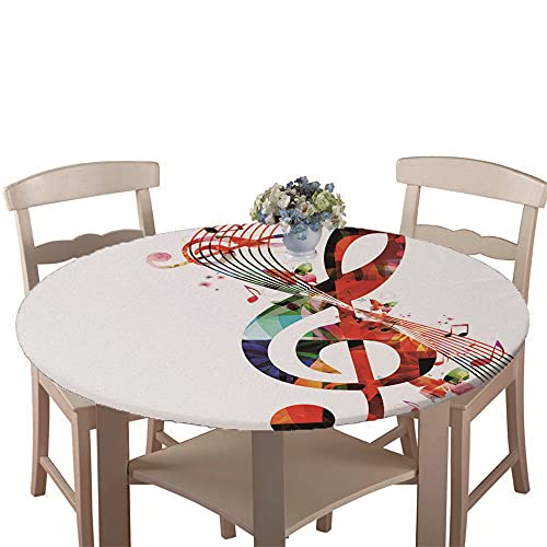 Chickw1 Runde Tischdecke Wasserdicht Antifouling mit Elastische Kante, Musik Note 3D Muster Tischschoner, Tischtuch aus Polyester für Küche, Esszimmer, Garten (Bunte Melodie,90cm) von Chickwin-Shop