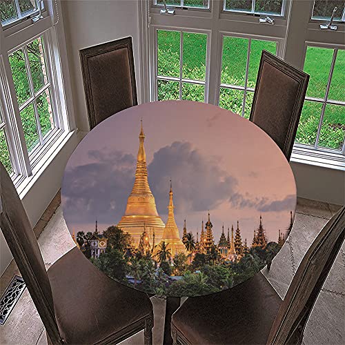 Chickw1 Tischdecke Runde Wasserdicht Abwaschbar Berühmter 3D-Stadtdruck Tischschoner Elastische Kante, Tischtuch aus Polyester für Küche, Esszimmer, Garten, Balkon (Myanmar,100cm) von Chickwin-Shop