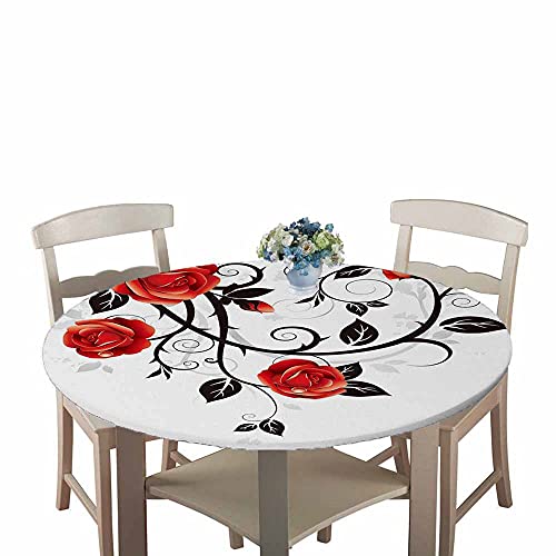 Chickw1 Tischdecke Runde Wasserdicht Abwaschbar Blumenmuster Tischschoner Elastische Kante, Tischtuch aus Polyester für Küche, Esszimmer, Garten, Balkon (Rose,100cm) von Chickwin-Shop